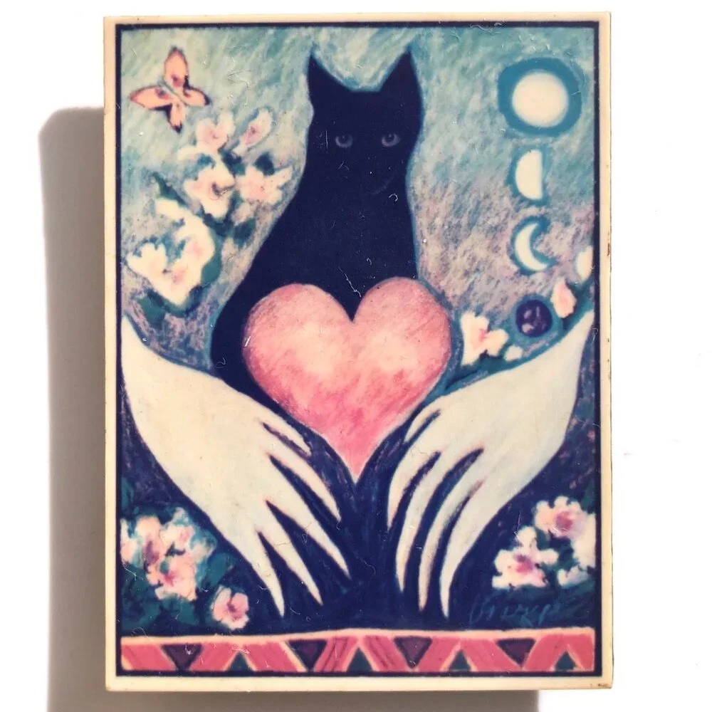 Artworx Gallery Art in Miniature magnet brooch black cat heart hands moon phase